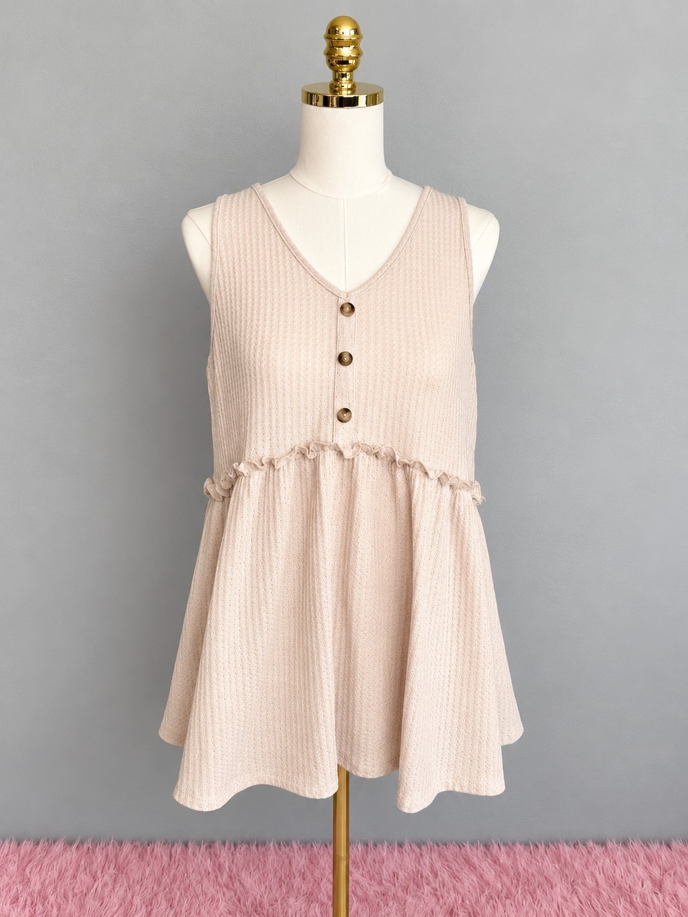 Umgee USA Medium Blush Pink Waffle Knit Babydoll Tunic Tank Top